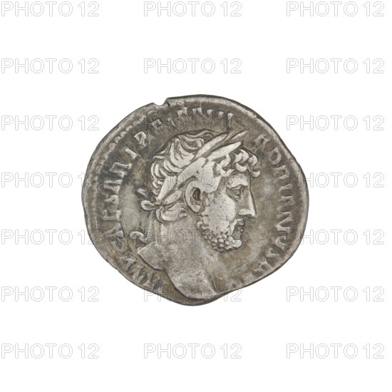 Denarius, Hadrian (76–138; Roman emperor 117–138). Obverse: bust of Hadrian facing right, laurel wreath in hair; rim inscription: IMP CAESAR TRAIAN HADRIANVS AVG. Reverse: Hadrian standing left, dressed in military attire, holding a ship's rudder attached to a globe in his right hand, spears in his left hand; rim inscription: PM TR P COS III. Date: 119–122. Rome, Roman Empire (27 BC–476). Coin; weight 2.92 g.