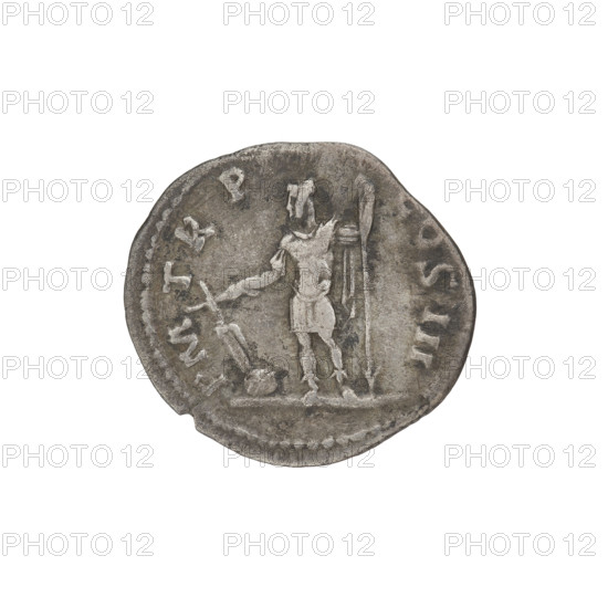 Denarius, Hadrian (76–138; Roman emperor 117–138). Obverse: bust of Hadrian facing right, laurel wreath in hair; rim inscription: IMPCAESARTRAIANHADRIANVS. Reverse: Hadrian standing left, dressed in military attire, holding a ship's rudder attached to a globe in his right hand, spears in his left hand; rim inscription: PM TR P COS III. Date: 119–122. Rome, Roman Empire (27 BC–476). Coin; weight 2.92 g.