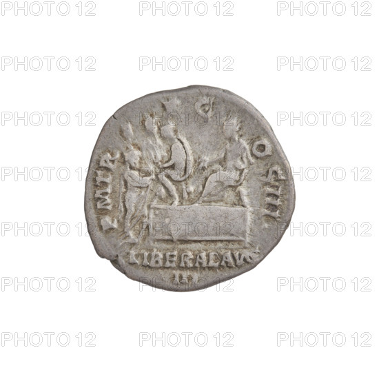 denarius, Hadrian (76–138; Roman emperor 117–138); depiction: Liberalitas (personification); motifs: busts, laurel wreaths, tesserae (attribute). Obverse: bust of Hadrian right, laurel wreath in hair; rim inscription: IMPCAESARTRAIANHADRIANVS. Reverse: Hadrian seated left on a platform; a man sits in front of him, giving orders to a citizen who stands to the right of the platform; Liberalitas sits behind Hadrian holding a tessera. Rim inscription: PM TR P COS III; legend in scene: LIBERALAVG III. Date: 119–122. Place: Rome, Roman Empire (27 BC–476). Object type: coin. Weight: 3.35 g.