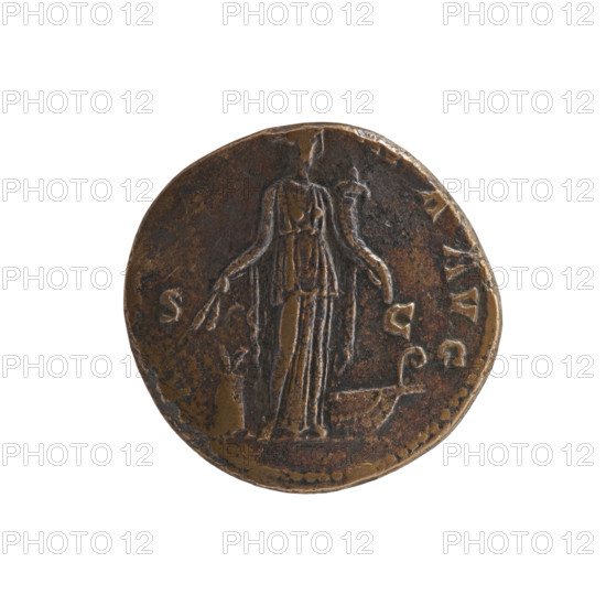 Sestertius, Antoninus Pius (86–161; Roman emperor 138–161), obverse: head of the emperor in a laurel wreath to the right, legend ANTONINVS AVG PIVS - PP TR P COS III; reverse: Annona stands to the right, holding ears of corn above a modius with her lowered right hand and a cornucopia above a ship's prow in her left, legend A - NA AVG, in SC; iconography includes ears of corn, modii, Annona (personification), personifications, ships, cornucopias; dated 140–144; Roman Empire, Rome; medium: coin (sestertius); diameter 29.0–30.0 mm; weight 19.85 g; axis 345°.