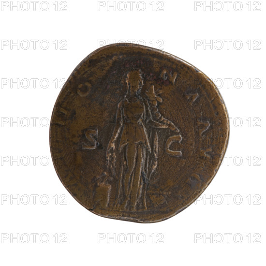 Sestertius, Antoninus Pius (86–161; Roman emperor 138–161), issuer; obverse: bust of Antoninus Pius in a laurel wreath and cloak (paludamentum) facing right, inscription ANTONINVS AVG PI - VS PP, COS III; reverse: Annona stands to the right, holding ears of corn above a modius in her lowered right hand and a cornucopia above a ship's prow in her left, inscription ANNO - NA AVG, in SC. Iconography: personifications, ears of corn, modius, Annona, paludamentum, ships, cornucopias. Date: 140–144. Roman Empire, Rome. Coin: diameter 32.0–33.0 mm, weight 21.10 g, axis 30°.