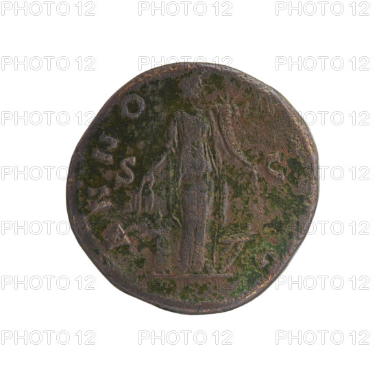 Sestertius, Antoninus Pius (86–161; Roman emperor 138–161). Obverse: Head of Antoninus Pius in a laurel wreath to the right, legend ANTONINVS AVG PI - VS PP TR P COS III. Reverse: Annona (personification) stands to the right; in her lowered right hand she holds ears of corn above a modius, in her left hand a cornucopia above a ship's prow, legend ANNO - G, in SC. Iconography: Annona, ears of corn, personifications, modius, ships, cornucopia. Date: 140–144. Culture/place: Roman Empire, Rome. Object type/material: coin (sestertius). Measurements: diameter 32.0 mm; weight 25.83 g; axis 195°.