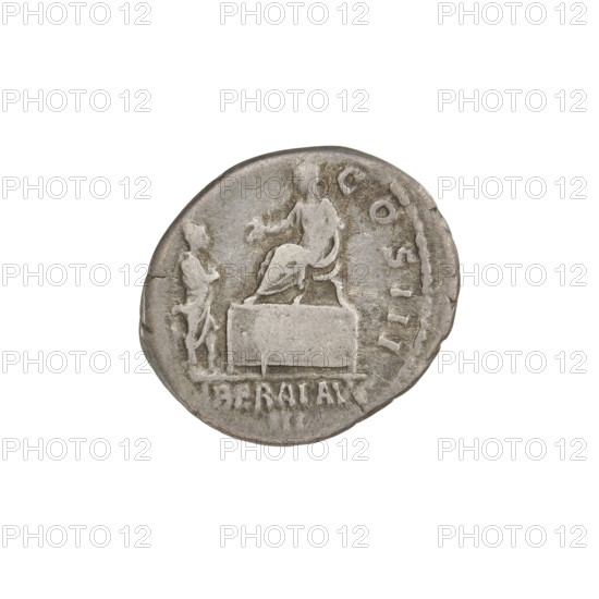 Denarius, Hadrian (76–138; Roman emperor 117–138). Obverse: bust of Hadrian right, laurel wreath in hair; rim inscription IMPCAESARTRAIANHADRIANVSAVG. Reverse: Liberalitas (personification) seated left on a platform, holding a tessera in his right hand; a citizen/Hadrian standing in front of the platform; rim inscription COS III; legend in field LIBERALAVG III. Date: 119–122. Rome, Roman Empire (27 BC–476). Coin; weight 2.85 g.