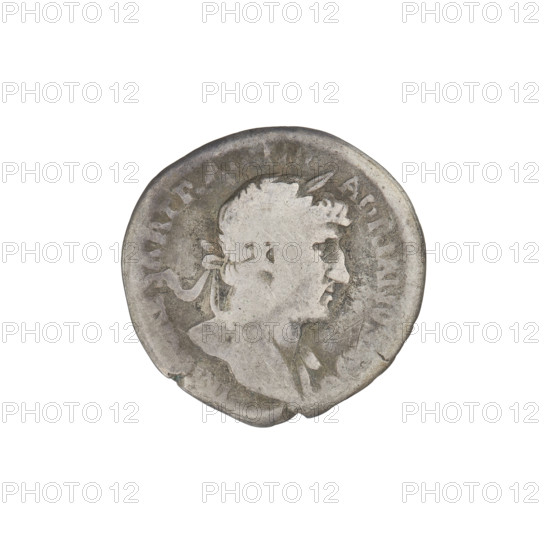 denarius, Hadrian (76–138; Roman emperor 117–138), Hilaritas (personification), laurel wreaths, veils, busts. Obv.: bust of Hadrian with laurel wreath and drapery on shoulder facing right; rim inscription: AIANVSHADR. Rev.: Hilaritas stands upright, wearing a long dress with drapery, both hands raising a veil over her face; rim inscription: COS III; on both sides of the inscription: HILAR P R. 119–122, Rome, Roman Empire (27 BC–476). Coin; weight 3.17 g.