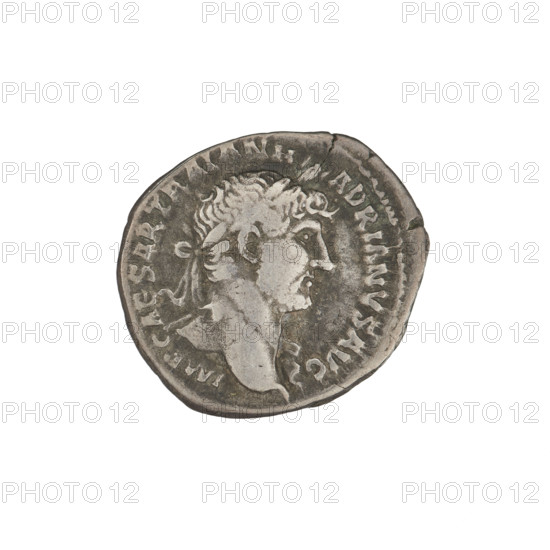 Denarius, Hadrian (76–138; Roman emperor 117–138). Obverse: bust of Hadrian with laurel wreath and drapery on shoulder facing right; rim inscription 'IMP CAESAR TRAIANVS HADR IANVS AVG'. Reverse: Hilaritas (personification) stands straight, wearing a long dress with drapery, both hands raise the veil over her face; rim inscription 'PM TR P COS III'; on both sides of the inscription: 'HILAR P R'. Date: 119–122. Place: Rome, Roman Empire (27 BC–476). Coin; weight 2.62 g.