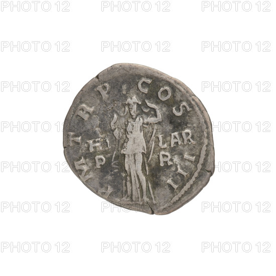 Denarius, Hadrian (76–138; Roman emperor 117–138). Obverse: bust of Hadrian with laurel wreath and drapery on shoulder facing right; rim inscription: IMPCAESARTRAIANVSHADRIANVSAVG. Reverse: Hilaritas stands upright wearing a long dress with drapery, both hands raise the veil over her face; rim inscription: PM TR P COS III; on both sides of the inscription: HILARPR. Date: 119–122. Place: Rome, Roman Empire (27 BC–476). Coin, weight 2.62 g.