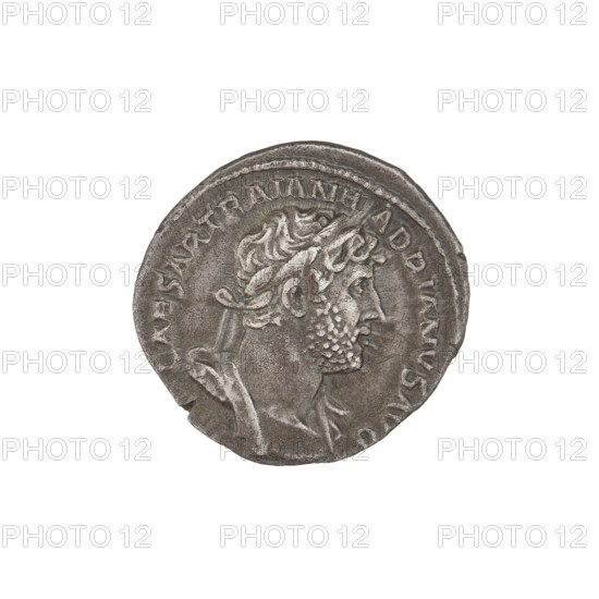Denarius of Hadrian (76–138; Roman emperor 117–138). Obverse: bust of Hadrian with laurel wreath and drapery on shoulder facing right; rim inscription IMPCAESARTRAIANVSHADRIANVSAVG. Reverse: Libertas seated on a chair facing left, wearing a long dress, holding a branch in her right hand and a scepter in her left; rim inscription PM TR P COS III; field inscription LIBPVB. Date: 119–122. Rome, Roman Empire (27 BC–476). Coin; weight 3.05 g.