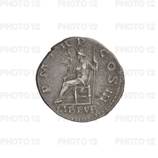 Denarius, Hadrian (76–138; Roman emperor 117–138). Obverse: bust of Hadrian with laurel wreath and drapery on shoulder facing right; rim inscription: IMPCAESARTRAIANVSHADRIANVSAVG. Reverse: Libertas seated on a chair facing left, wearing a long dress, holding a branch in her right hand and a scepter in her left; rim inscription: PM TR P COS III; field inscription: LIBPVB. Date: 119–122, Rome, Roman Empire. Coin; weight 3.05 g.