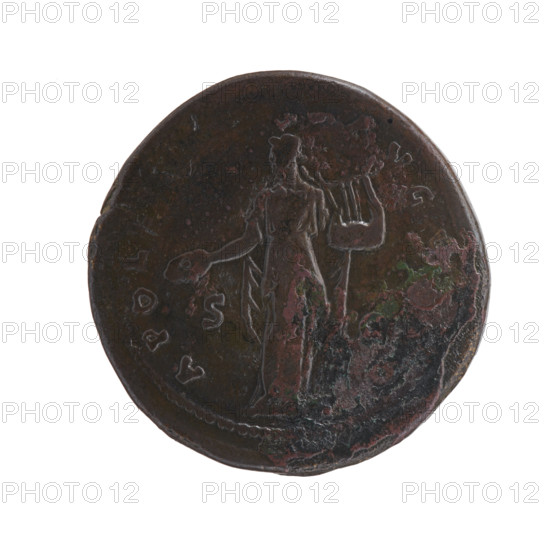 Sestertius, Antoninus Pius (86–161; Roman emperor 138–161), obverse: head of the emperor in a laurel wreath facing right, inscription ANTONINVS AVG PI - VS PP TR P COS III; reverse: Apollo stands frontally, head turned left, holding a patera in his outstretched right hand and a lyre in his left, inscription APOLLI, - AVGV, O, field marks S - C; date 140–144, Roman Empire (27 BC–476), Rome; coin; diameter 34.5–35.0 mm, weight 28.95 g, axis 180°.