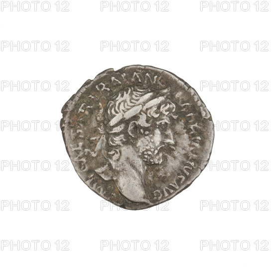 Denarius of Hadrian (reigned 117–138 CE), 119–122 CE, Rome. Obverse: bust of Hadrian with laurel wreath and drapery on shoulder facing right; rim inscription 'IMP CAESAR TRAIANVS HADRIANVS AVG'. Reverse: Libertas seated on a chair facing left, wearing a long dress, holding a branch in her right hand and a scepter in her left; rim inscription 'PM TR P COS III'; legend 'LIB PVB'. Silver coin, weight 3.51 g.