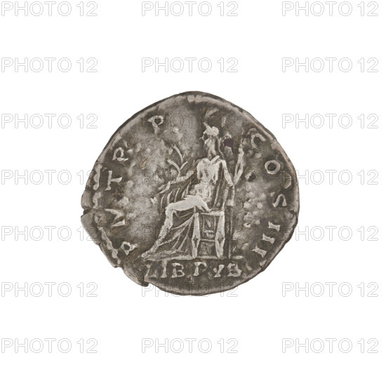 Denarius of Hadrian (76–138; Roman emperor 117–138). Obverse: bust of Hadrian with laurel wreath and drapery on shoulder facing right; rim inscription 'IMP CAESAR TRAIANVS HADR IANVS AVG'. Reverse: Libertas seated on a chair facing left, wearing a long dress, holding a branch in her right hand and a scepter in her left; rim inscription 'PM TR P COS III'; otherwise inscribed 'LIB PVB'. Dated 119–122, Rome, Roman Empire (27 BC–476). Coin; weight 3.51 g.
