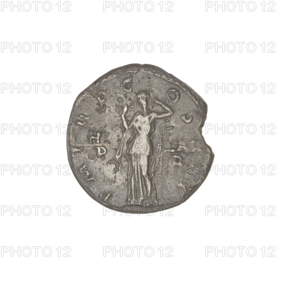 Denarius, Hadrian (76–138; Roman emperor 117–138). Obverse: bust of Hadrian with laurel wreath and drapery on shoulder facing right; rim inscription: IMPCAESARTRAIANVSHADRIANVSAVG. Reverse: Hilaritas (personification) stands straight, wearing a long dress with drapery, both hands raise the veil over her face; rim inscription: PM TR P COS III; on both sides of the inscription: HILARP R. Date: 119–122. Place: Rome, Roman Empire (27 BC–476). Coin; weight 2.65 g.