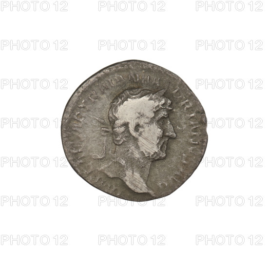 denarius, Hadrian (76–138; Roman emperor 117–138); Obverse: bust of Hadrian with laurel wreath and drapery on shoulder facing right; rim inscription: IMPCAESARTRAIANVSHADRIANVSAVG. Reverse: Libertas seated on a chair facing left, wearing a long dress, holding a branch in her right hand and a scepter in her left; rim inscription: PM TR P COS III; in the field: LIBPVB. Date: 119–122, Rome, Roman Empire (27 BC–476). Coin; weight 2.30 g.