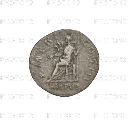 Denarius, Hadrian (76–138; Roman emperor 117–138). Obverse: bust of Hadrian with laurel wreath and drapery on shoulder facing right; rim inscription IMPCAESARTRAIANVSHADRIANVSAVG. Reverse: Libertas seated on a chair facing left, wearing a long dress, holding a branch in her right hand and a scepter in her left; rim inscription PMTRPCOSCIII; field inscription LIBPVB. Date: 119–122. Place: Rome, Roman Empire (27 BC–476). Medium: coin. Weight: 2.30 g.