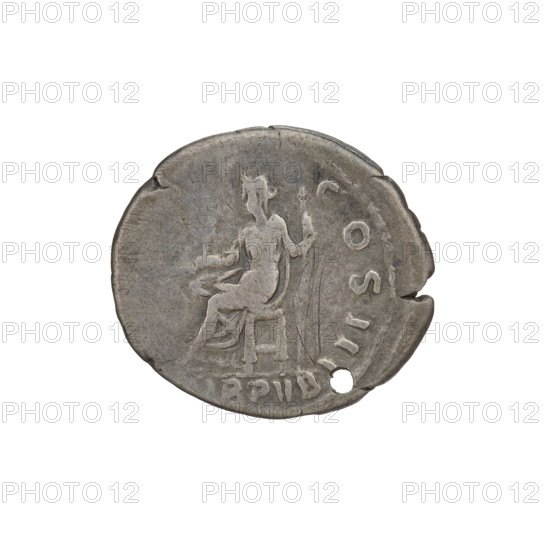 Denarius, Hadrian (76–138; Roman emperor 117–138). Obverse: bust of Hadrian with laurel wreath and drapery on shoulder facing right; rim inscription IMPCAESAR. Reverse: Libertas seated on a chair facing left, wearing a long dress, holding a branch in her right hand and a scepter in her left; rim inscription PM TR P; legend LIBPVB. Date: 119–122. Rome, Roman Empire (27 BC–476). Coin; weight 2.62 g.