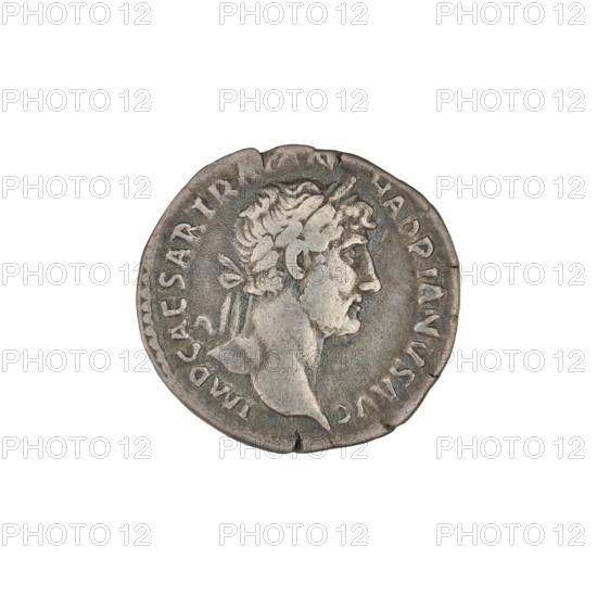 Denarius of Hadrian (76–138 CE; Roman emperor 117–138). Obverse: bust of Hadrian with laurel wreath facing right; rim inscription 'IMPCAESARTRAIANHADRIANVSAVG'. Reverse: Mars striding right with a spear in his right hand and a trophy on his left shoulder; rim inscription 'PM TR P COS III'. Date: 119–122 CE, Rome. Coin; weight 2.90 g.