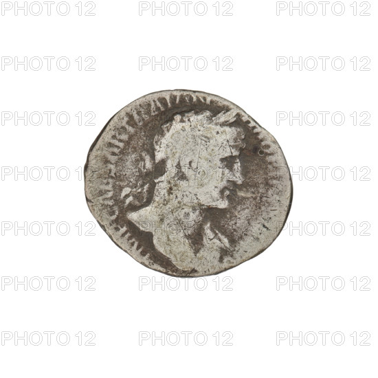Denarius, Hadrian (76–138; Roman emperor 117–138). Obverse: bust of Hadrian with laurel wreath facing right; rim inscription IMPCAESARTRAIAN. Reverse: Mars striding right with a spear in his right hand and a trophy on his left shoulder; rim inscription COS III. Date: 119–122. Rome, Roman Empire (27 BC–476). Coin; weight 2.45 g.