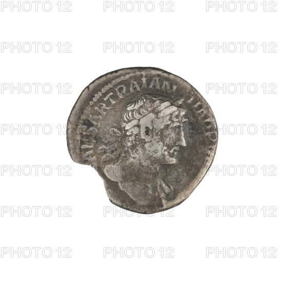 Denarius, Hadrian (76–138; Roman emperor 117–138). Obverse: bust of Hadrian with laurel wreath facing right; rim inscription CAESAR TRAIAN. Reverse: Mars striding right with a spear in his right hand and a trophy on his left shoulder; rim inscription PMT. Broken coin, dated 119–122, Rome, Roman Empire (27 BC–476). Coin; weight 2.57 g.