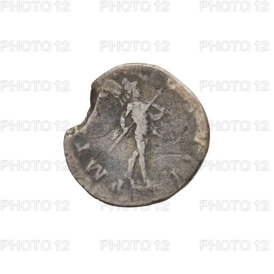 Denarius, Hadrian (76–138; Roman emperor 117–138). Obverse: Bust of Hadrian with laurel wreath facing right; rim inscription CAESAR TRAIAN. Reverse: Mars striding right with a spear in his right hand and a trophy on his left shoulder; rim inscription PMT. Broken coin, dated 119–122. Rome; Roman Empire (27 BC–476). Silver coin, weight 2.57 g.