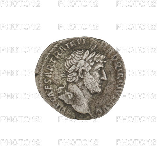Denarius, Hadrian (76–138; Roman emperor 117–138). Obverse: bust of Hadrian with laurel wreath facing right; rim inscription IMP CAESAR TRAIAN HADRIANUS AVG. Reverse: Minerva stands to the right, legs slightly apart, wearing a long dress and a helmet, pointing a spear downwards in her raised right hand and holding a shield in her left; rim inscription PM TR P COS III. 119–122 CE, Rome, Roman Empire (27 BCE–476 CE). Coin; weight 3.30 g.