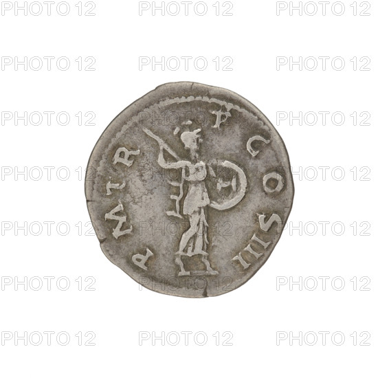 Denarius, Hadrian (76–138; Roman emperor 117–138). Obverse: bust of Hadrian with a laurel wreath facing right; rim inscription: IMPCAESARTRAIANHADRIANVSAVG. Reverse: Minerva stands to the right, legs slightly apart, wearing a long dress and helmet, pointing a spear downward in her raised right hand and holding a shield in her left; rim inscription: PM TR P COS III. Date: 119–122. Place: Rome, Roman Empire (27 BC–476). Material: coin. Weight: 3.20 g.