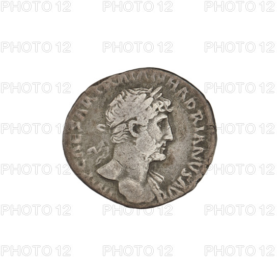 Denarius, Hadrian (76–138; Roman emperor 117–138). Obverse: Bust of Hadrian with laurel wreath facing right; rim inscription: IMPCAESARTRAIANHADRIANVSAVG. Reverse: Mars striding right with a spear in his right hand and a trophy on his left shoulder; rim inscription: PM TR P COS III. Date: 119–122. Place: Rome, Roman Empire (27 BC–476). Coin; weight 3.47 g.