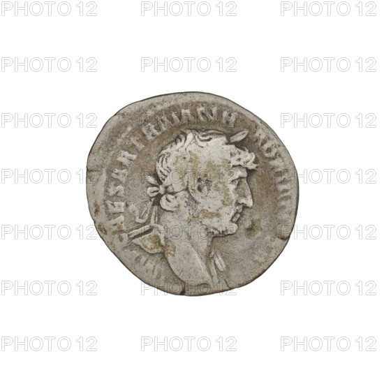 Denarius, Hadrian (76–138; Roman emperor 117–138). Obverse: Bust of Hadrian with laurel wreath facing right; rim inscription: IMPCAESARTRAIANHAD. Reverse: Minerva stands to the right, legs slightly apart, wearing a long dress and helmet, pointing a spear downwards in her raised right hand and holding a shield in her left; rim inscription: PM TR, COS III. Date: 119–122. Rome, Roman Empire (27 BC–476). Coin; weight 3.07 g.