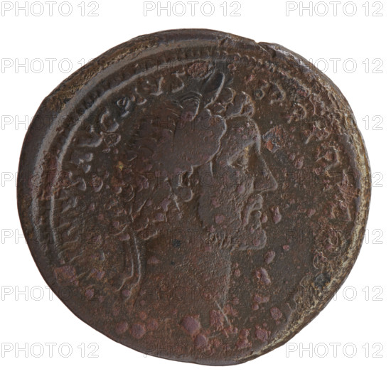 Sestertius of Antoninus Pius (86–161; Roman emperor 138–161). Bronze coin (Roman, c. 140–144). Obverse: head of the emperor in a laurel wreath facing right, inscription NINVS AVG PIVS - PP TR P COS, mint mark I around. Reverse: personification standing left, holding scales in his outstretched right hand and a cornucopia in his left; inscriptions M - TA AVG and S - C in the fields. Diameter c. 31.5–33.5 mm; weight 24.30 g; axis 330°.