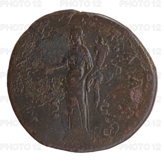 Sestertius of Antoninus Pius (86–161; Roman emperor 138–161). Obverse: head of the emperor in a laurel wreath facing right, inscription 'ANTONINVS AVG PIVS - PP TR P COS', mint mark I around. Reverse: personification standing left, holding scales in his outstretched right hand and a cornucopia in his left, inscriptions 'M - TA AVG' and in the fields 'S - C'. Date: 140–144. Roman Empire (27 BC–476), Rome. Coin (bronze), diameter 31.5–33.5 mm, weight 24.30 g, axis 330°.