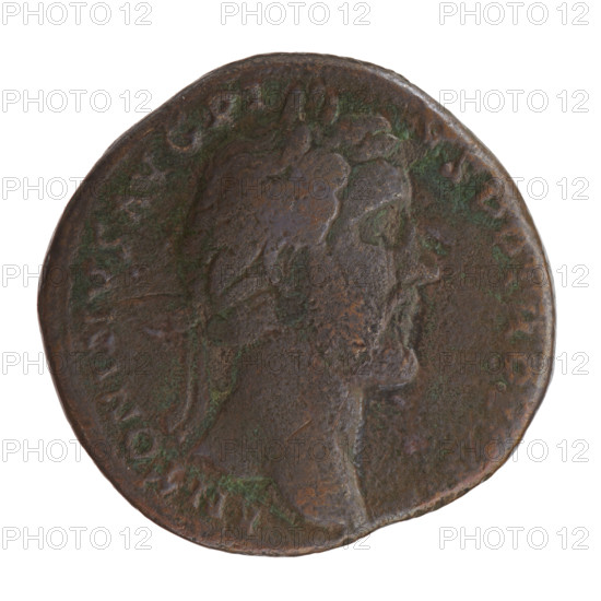 Sestertius; issuer: Antoninus Pius (86–161; Roman emperor 138–161). Obverse: head of the emperor in a laurel wreath to the right, legend 'ANTONINVS AVG PI - VS PP TR P'. Reverse: Pax standing left, holding a branch in his outstretched right hand and a cornucopia in his left; legend 'AX - AVG' all around, mint marks S - C in fields. Date: 140–144. Place: Rome, Roman Empire (27 BC–476). Coin: bronze; diameter ~29–30 mm; weight 21.45 g; axis 315°. Iconography: Antoninus Pius; personifications (Pax), branches, cornucopias.