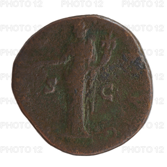 Sestertius; issuer: Antoninus Pius (86–161; Roman emperor 138–161). Obverse: head of Antoninus Pius in a laurel wreath to the right, inscription ANTONINVS AVG PIVS PP TR P. Reverse: Pax stands left, holds a branch in his outstretched right hand and a cornucopia in his left; inscription AX·AVG, field marks S·C. Date: 140–144. Roman Empire (27 BC–476), Rome. Medium: coin (sestertius). Diameter: 29.0–30.0 mm. Weight: 21.45 g. Axis: 315°.