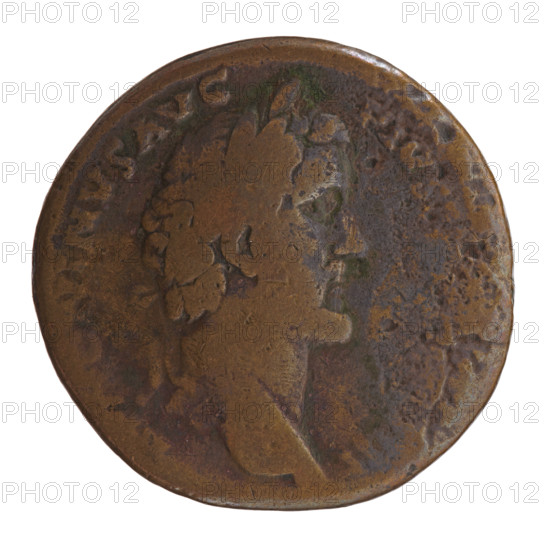 Sestertius of Antoninus Pius (86–161; Roman emperor 138–161). Obverse: head of the emperor in a laurel wreath facing right; inscription A•ONINVS•AVG - PIVS. Reverse: Mars stands right, holds a spear in his raised right hand, rests his left hand on a shield standing on the ground; inscription - VLTORI, in SC. Date: 140–144. Roman Empire (27 BC–476), Rome. Coin; diameter 31.5–32.0 mm, weight 20.95 g, axis 0°.