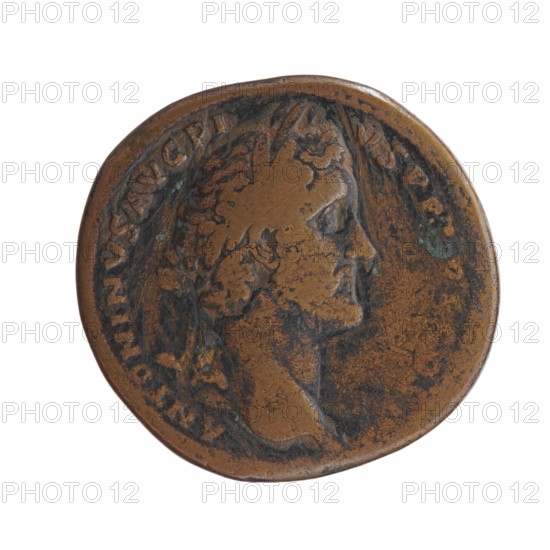 Sestertius, Antoninus Pius (86–161; Roman emperor 138–161), issuer; personifications; iconography of Antoninus Pius. Obverse: head of the emperor in a laurel wreath to the right, inscription ANTONINVS AVG PIVS PP. Reverse: Roma sits on a throne to the left, holding a statuette of Athena (palladium) in her outstretched right hand and a spear in her left, with a shield leaning against the throne, inscription ROMA AETERNA and in the SC section. Date: 140–144. Roman Empire (27 BC–476). Coin; diameter ~32–33 mm; weight 24.50 g.