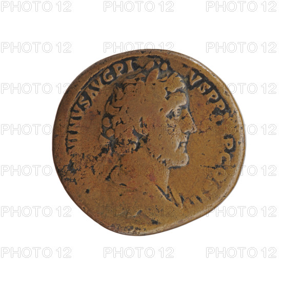 Sestertius, Antoninus Pius (86–161; Roman emperor 138–161), maker/issuer: Antoninus Pius; obverse: bust of Antoninus Pius in a laurel wreath and a cloak (paludamentum) facing right, inscription 'ONINVS AVG PI - VS PP TR P COS III'; reverse: Salus stands left, holding a patera above an altar around which a snake coils, and a scepter in her left hand, inscription 'SA - LVS' with control marks 'S - C' in fields; iconography: personifications, head of the emperor in a laurel wreath, snakes, paterae, altars, Salus, paludamentums, scepters; date: 140–144; culture/place: Roman Empire, Rome; object type/material: coin (sestertius); dimensions: diameter 31.5–32.0 mm, weight 26.93 g, axis 15°.