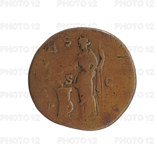 Sestertius, Antoninus Pius (86–161; Roman emperor 138–161), issuer; obverse: bust of Antoninus Pius in a laurel wreath and cloak (paludamentum) facing right, legend ONINVS AVG PI - VS PP TR P COS III; reverse: Salus standing left, holding a patera above an altar around which a snake coils in her right hand and a scepter in her left, legend SA - LVS, control marks S - C in fields. Date: 140–144. Roman Empire (27 BC–476), Rome. Coin (sestertius): diameter 31.5–32.0 mm, weight 26.93 g, axis 15°.