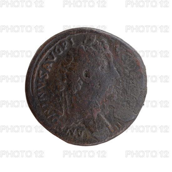 Sestertius of Antoninus Pius (86–161; Roman emperor 138–161), issuer: Antoninus Pius; iconography: head of the emperor in a laurel wreath facing right, legend ANTONINVS AVG PI - VS P, III around; reverse: Salus standing left, holding a patera in her right hand above an altar around which a snake coils, and a scepter in her left; legend - AVG around, field letters S - C; date c. 140–144; Roman Empire, Rome; coin: bronze; diameter 32.5–34.0 mm; weight 27.67 g; axis 330°.
