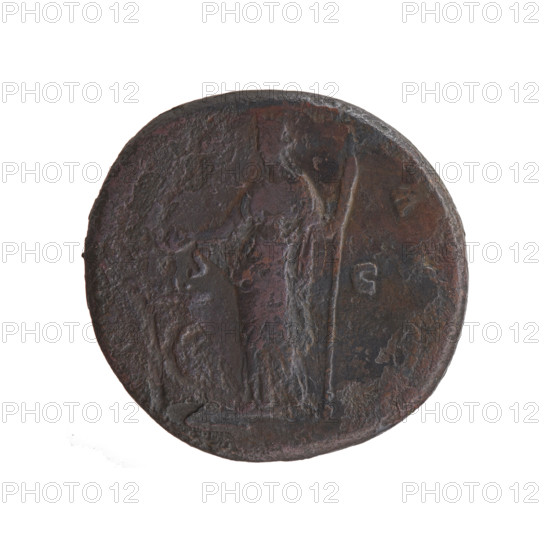 Sestertius of Antoninus Pius (86–161; Roman emperor 138–161). Obverse: head of the emperor in a laurel wreath facing right, inscription 'ANTONINVS AVG PI - VS P, III' around. Reverse: Salus standing left, holding a patera above an altar around which a snake coils in her right hand and a scepter in her left, inscription '- AVG' around, letters 'S - C' in the fields. Date: 140–144. Roman Empire, Rome. Coin; diameter 32.5–34.0 mm, weight 27.67 g, axis 330°.
