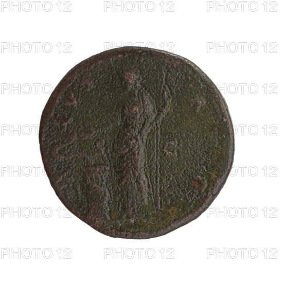 Sestertius, Antoninus Pius (86–161; Roman emperor 138–161), struck 140–144. Obverse: head of the emperor in a laurel wreath facing right, legend ANTONINVS AVG PI - VS PP TR P COS III. Reverse: Salus (personification) standing left, holding a patera above an altar around which a snake coils, and a scepter in her left hand, legend A - LVS - AVG, fields S - C. Roman Empire; Rome. Coin (sestertius): diameter 30.0–32.5 mm, weight 24.30 g, axis 345°.