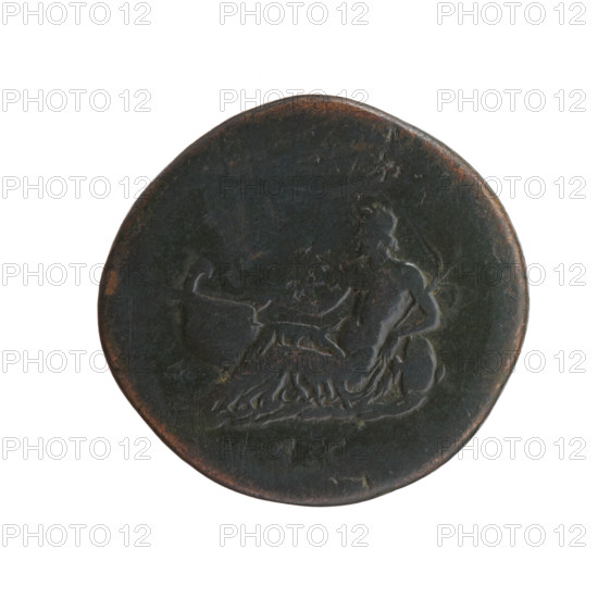 Sestertius, Antoninus Pius (86–161; Roman emperor 138–161), issuer; obverse: head of Antoninus Pius in a laurel wreath facing right, inscription ANTONINVS AVG PIV around; reverse: personification of the Tiber semi-reclining facing left, right hand resting on a ship, left hand holding a reed and resting on a vessel pouring water, legend SC around; dated 140–144; Roman Empire, Rome; coin; diameter 32.5–33.0 mm; weight 24.50 g; axis 0°.