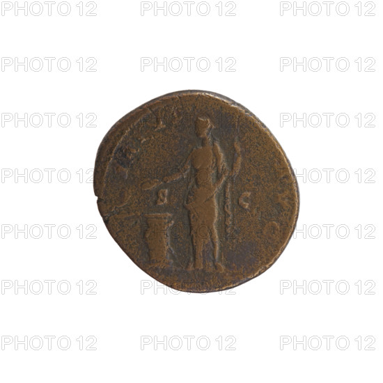 Dupondius of Antoninus Pius (86–161; Roman emperor 138–161), struck 140–144. Obverse: head of Antoninus Pius in radiant crown facing right, inscription ANTONINVS AVG PI - VS PP TR PC, mint mark III. Reverse: Salus standing left in front of an altar around which a snake is coiled, holding a patera in right hand and a long scepter in left, inscription SALVS - AVG, in SC fields. Roman Empire; Rome. Coin; diameter 24.5–26.5 mm, weight 13.45 g, axis 165°.
