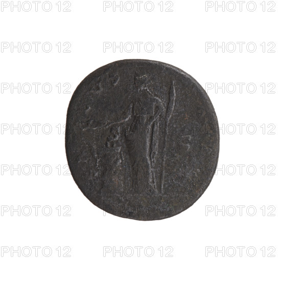 Dupondius of Antoninus Pius (reigned 138–161 CE), struck 140–144 CE, Roman Empire — Rome. Obverse: Head of Antoninus Pius in radiant crown facing right, inscription S AVG • PIVS PP TR P COS III. Reverse: Salus stands left before an altar around which a snake is coiled; she holds a patera in her right hand and a long scepter in her left, inscription LVS. Fields: SC. Coin: bronze, diameter ~26–27 mm, weight 24.50 g, axis 345°.