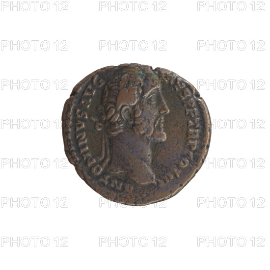 Antoninus Pius (86–161; Roman emperor 138–161), issuer. Obverse: Head of Antoninus Pius in a laurel wreath facing right, legend ANTONINVS AVG - IVS PP TR P COS III. Reverse: Annona standing right, holding two ears of corn in her right hand and a cornucopia in her left; at her feet to left a modius with grain and to right the stern of a ship, legend ANNO - A AVG, in SC fields. Iconography: Annona (personification), ears of corn, modius, emperor's head in a laurel wreath, ships. Date: 140–144. Culture/place: Roman Empire, Rome. Object: coin. Dimensions: diameter 25.0–26.5 mm, weight 10.20 g, axis 180°.