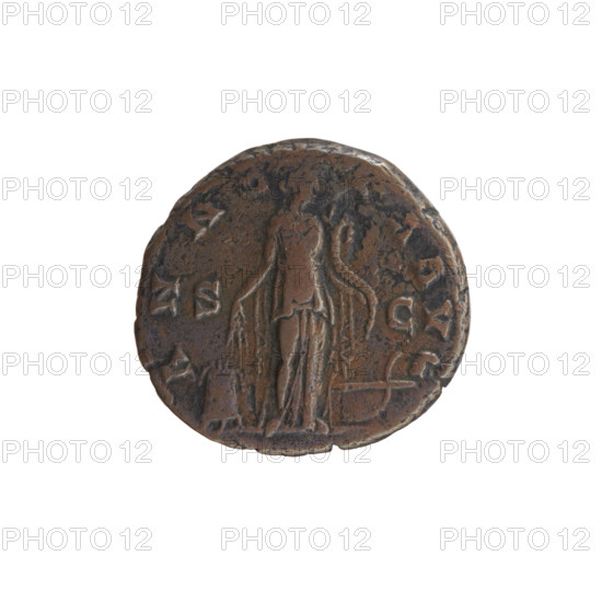 Antoninus Pius (86–161; Roman emperor 138–161), issuer. Obverse: head of Antoninus Pius in a laurel wreath facing right, inscription ANTONINVS AVG - IVS PP TR P COS III. Reverse: Annona standing right, holding two ears of corn in her right hand and a cornucopia in her left; on the ground left a modius with grain, right the stern of a ship, inscription ANNO - A AVG, in SC fields. Iconography: Annona (personification), ears of corn, modius, emperor's head in a laurel wreath, ships. Date: 140–144. Culture/place: Roman Empire, Rome. Object: coin. Dimensions: diameter 25.0–26.5 mm, weight 10.20 g, axis 180°.