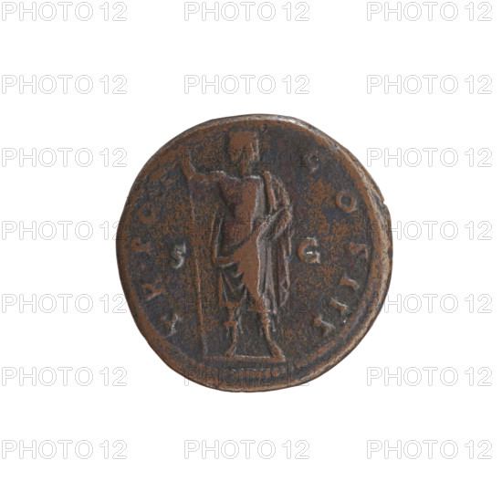 Antoninus Pius (86–161; Roman emperor 138–161), issuer. Obverse: Head of the emperor in a laurel wreath facing left, inscription ANTONINVS · AVG · PIVS · PP. Reverse: Janus standing frontally, holding a long scepter in his right hand and resting his left on his hip, inscription TR POT · COS III · in · SC. Date: 140–144. Roman Empire (27 BC–476), Rome. Coin. Diameter 26.5–27.0 mm, weight 10.25 g, axis 150°.