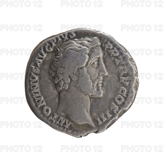 Denarius, Antoninus Pius (86–161; Roman emperor 138–161), issuer: Antoninus Pius. Obverse: Head of Antoninus Pius uncovered facing right, legend 'ANTONINVS AVG PIVS - PP TR P COS III'. Reverse: Victoria standing left, holding a wreath in her right hand and a palm branch in her left, legend 'IMPER - A - TOR II'. Date: 143–144. Culture/place: Roman Empire, Rome. Medium/function: Coin. Dimensions: diameter 16.5–17.5 mm, weight 2.70 g, axis 195°. Subjects/iconography: personifications, wreaths, Victoria, palm branches.