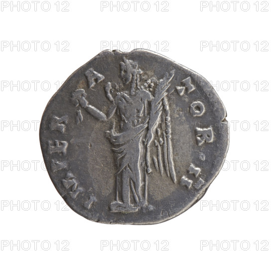 Denarius of Antoninus Pius (86–161; Roman emperor 138–161), c. 143–144. Obverse: head of Antoninus Pius bare, facing right, legend ANTONINVS AVG PIVS - PP TR P COS III. Reverse: Victoria standing left, holding a wreath in her right hand and a palm branch in her left, legend IMPER - A - TOR II. Personifications, wreaths, palm branches. Roman Imperial coin; diameter 16.5–17.5 mm, weight 2.70 g, axis 195°.