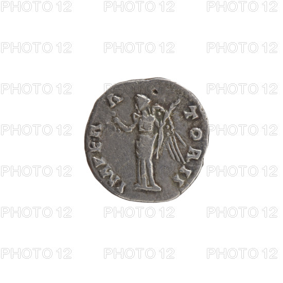 Denarius, Antoninus Pius (86–161; Roman Emperor 138–161), issuer; personifications: Victoria. Obverse: bust of Antoninus Pius in laurel wreath and drapery facing right, inscription 'ANTONINVS AVG - P, S PP COS III'. Reverse: Victoria standing left, holding a wreath in her right hand and a palm branch in her left, inscription 'IMPER A - TOR II'. Date: 143–144. Roman Empire; Rome. Coin. Diameter 17.0–17.5 mm; weight 2.90 g; axis 210°.