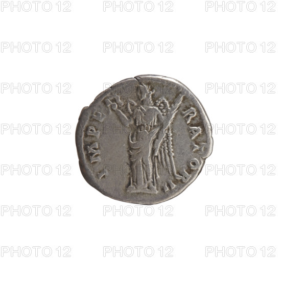 Denarius, Antoninus Pius (86–161; Roman emperor 138–161), issuer: Antoninus Pius; subject: personifications, Victoria (personification) with palm branches and wreaths; obverse: head of Antoninus Pius in a laurel wreath facing right, legend ANTONINVS AVG PI - VS PP TR P COS III; reverse: Victoria standing left, holding a wreath in her right hand and a palm branch in her left, legend IMPE - RATOR II; date: 143–144; culture: Roman Empire (27 BC–476); place: Rome; medium: coin; dimensions: diameter 16.5–17.5 mm; weight 3.25 g; axis 15 degrees.