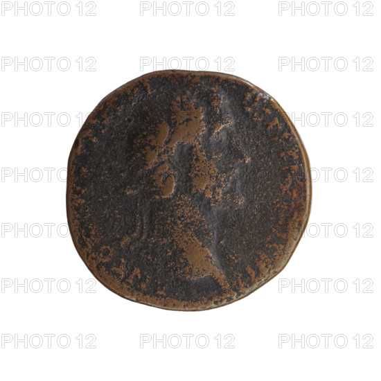 Sestertius, Antoninus Pius (86–161; Roman emperor 138–161) — issuer: Antoninus Pius. Obverse: Head of Antoninus Pius in a laurel wreath facing right, inscription ANTO·AVG·PIVS·PP·TR·P, OS III. Reverse: Fides standing right, holding ears of corn in lowered right hand and a basket of fruit in raised left hand, inscription MPERA·TO, in SC. Date: 143–144. Place: Rome, Roman Empire (27 BC–476). Coin; diameter 30.5 mm; weight 23.85 g; axis 0°.