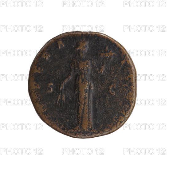 Sestertius, Antoninus Pius (86–161; Roman emperor 138–161), issuer: Antoninus Pius. Obverse: Head of Antoninus Pius in a laurel wreath facing right, legend ANTO AVG PIVS PP TR P. Reverse: Fides standing right, holding ears of corn in her lowered right hand and a basket of fruit in her raised left hand, legend IMPERA TO (in SC). Date: 143–144. Roman Empire, Rome. Coin; diameter 30.5 mm; weight 23.85 g; axis 0°.